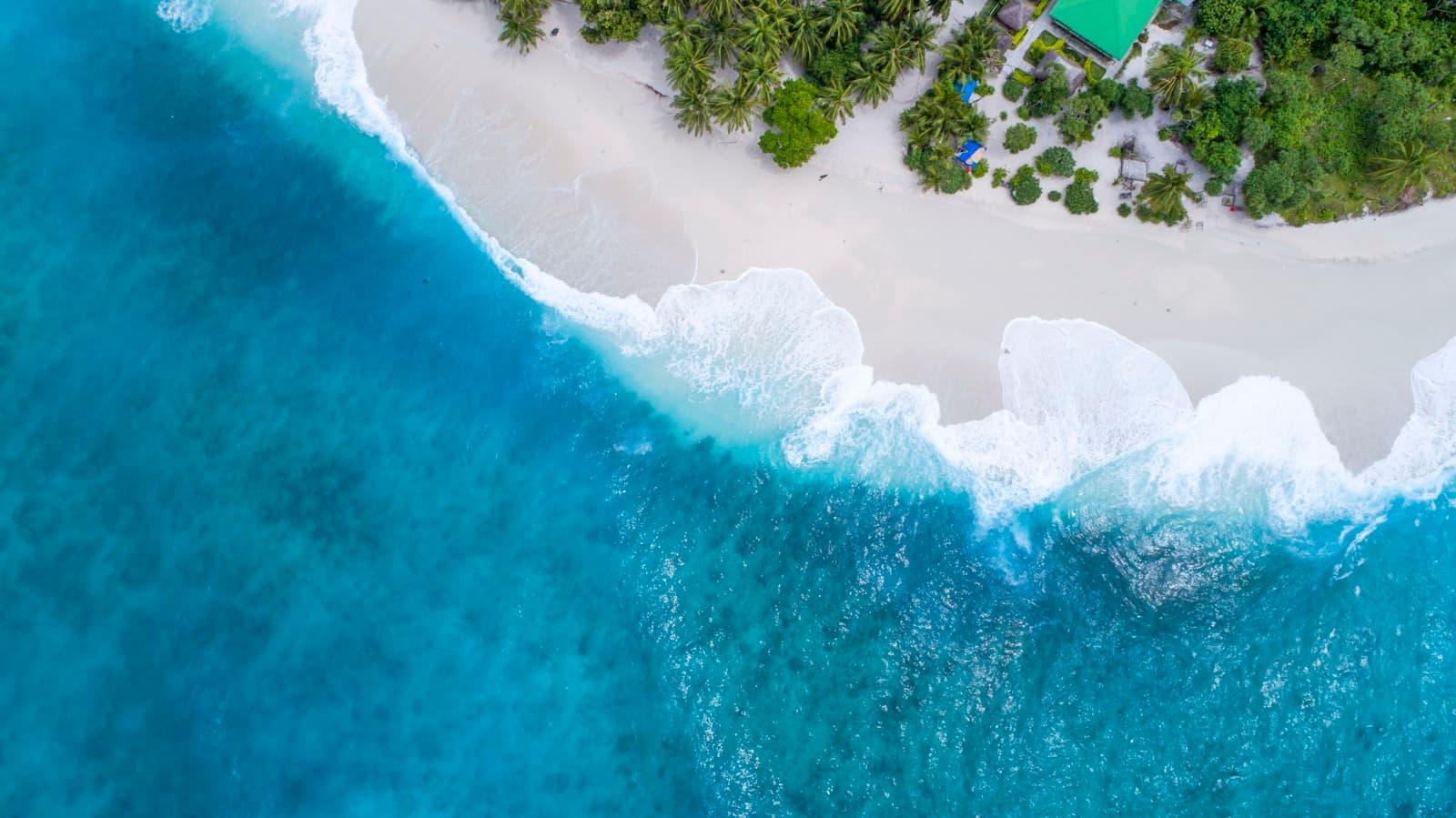 Aerial view of turquoise ocean water meeting a pale sand beach