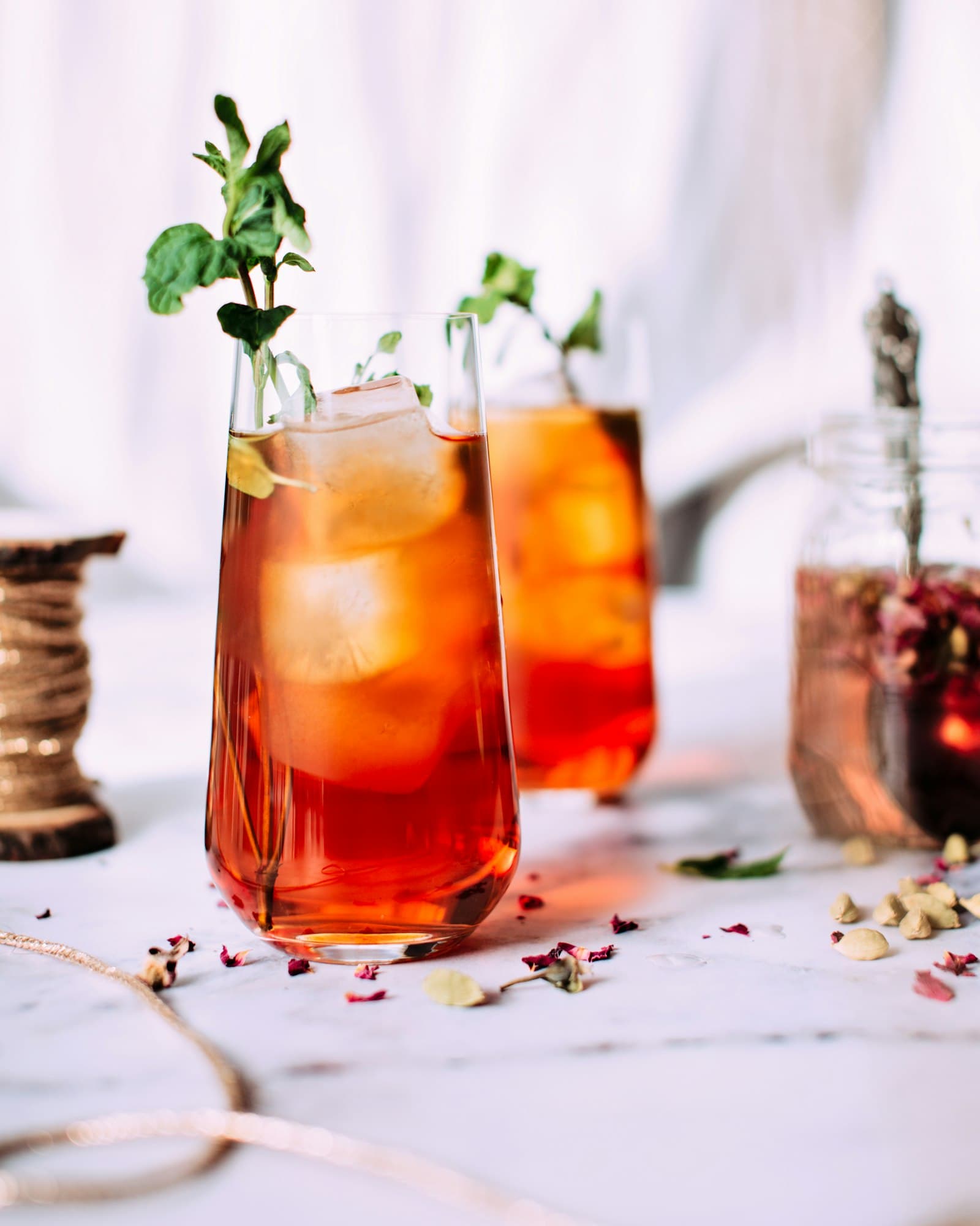 Tall glasses of iced tea catching the midday sun